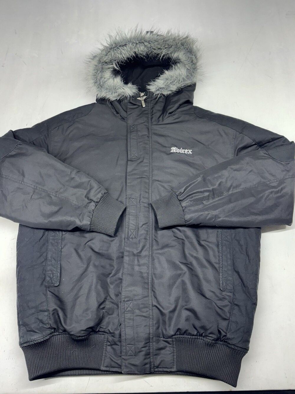 Avirex Full Zip Fur Hood Parka Coat Jacket Black Mens Large Y2K Streetwear